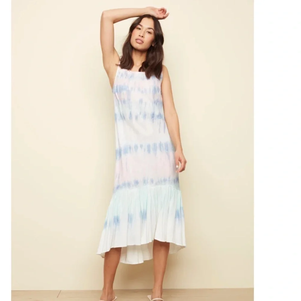 Charlie B Linen Ruffle Hi Low Hem Dress M Tie Dyed Pastel Pink Blue‎ Slee…